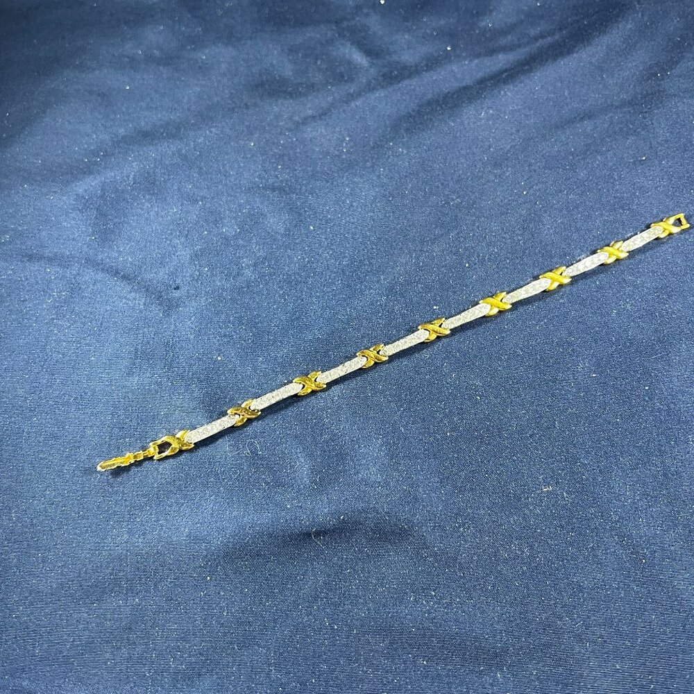 Gold & Silver Tone X-Link Bracelet W/ Rhinestones 7" Sparkling Elegant Jewelry F